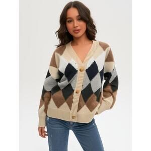 NWT CIDER Multicolor Argyle Textured Oversized‎ Cardigan Womens Medium Beige
